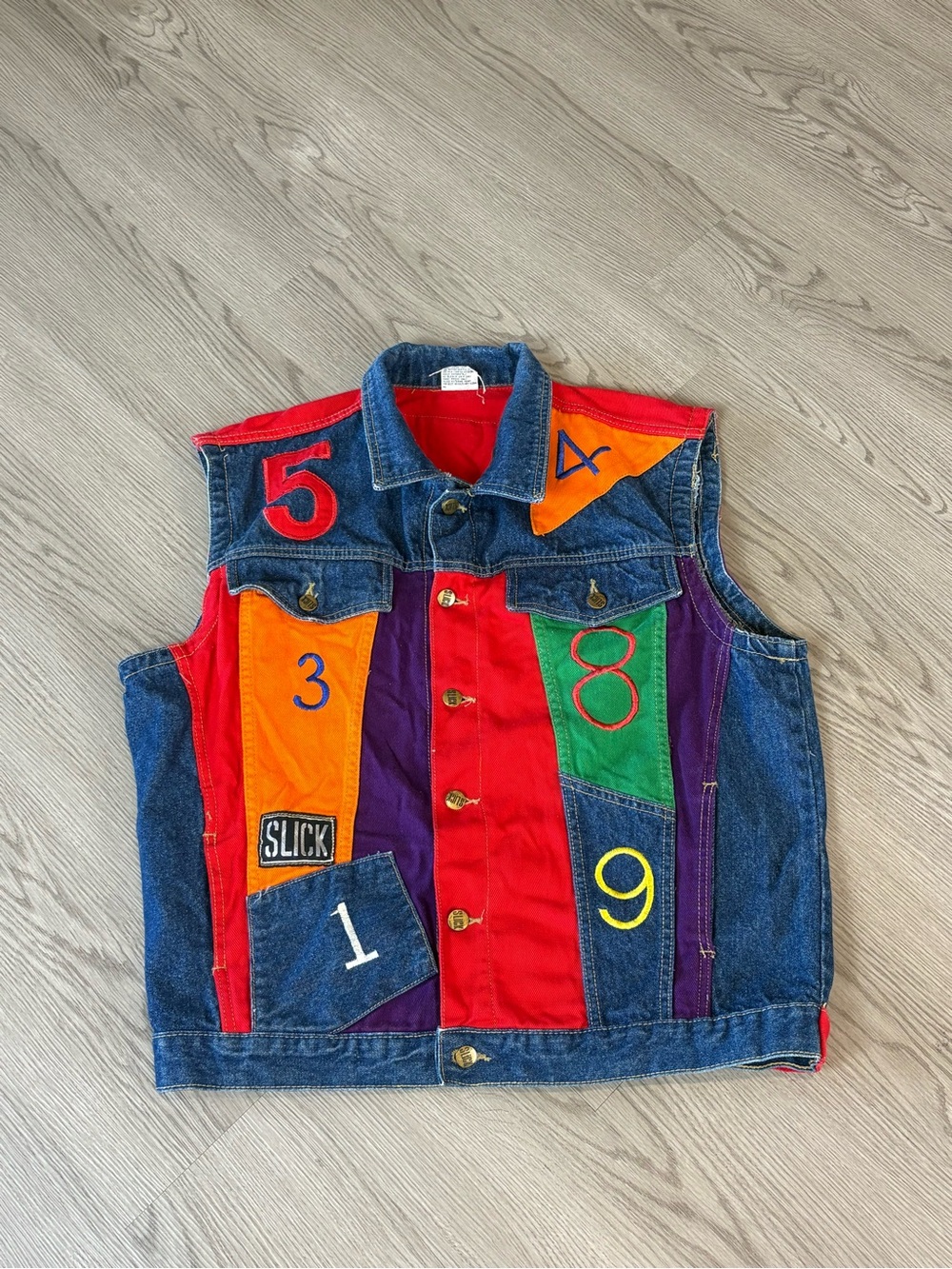 VTG Slick Colorblock Denim Vest with Number Patch - Picture 1 of 4